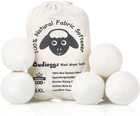 Budieggs Wool Dryer Balls Organic XL 6-Pack, 100% New Zealand Chemical Free Fabric Softener for 1000+ Loads, Baby Safe & Hypoallergenic, Reduce Wrinkles & Shorten Drying Time Naturally